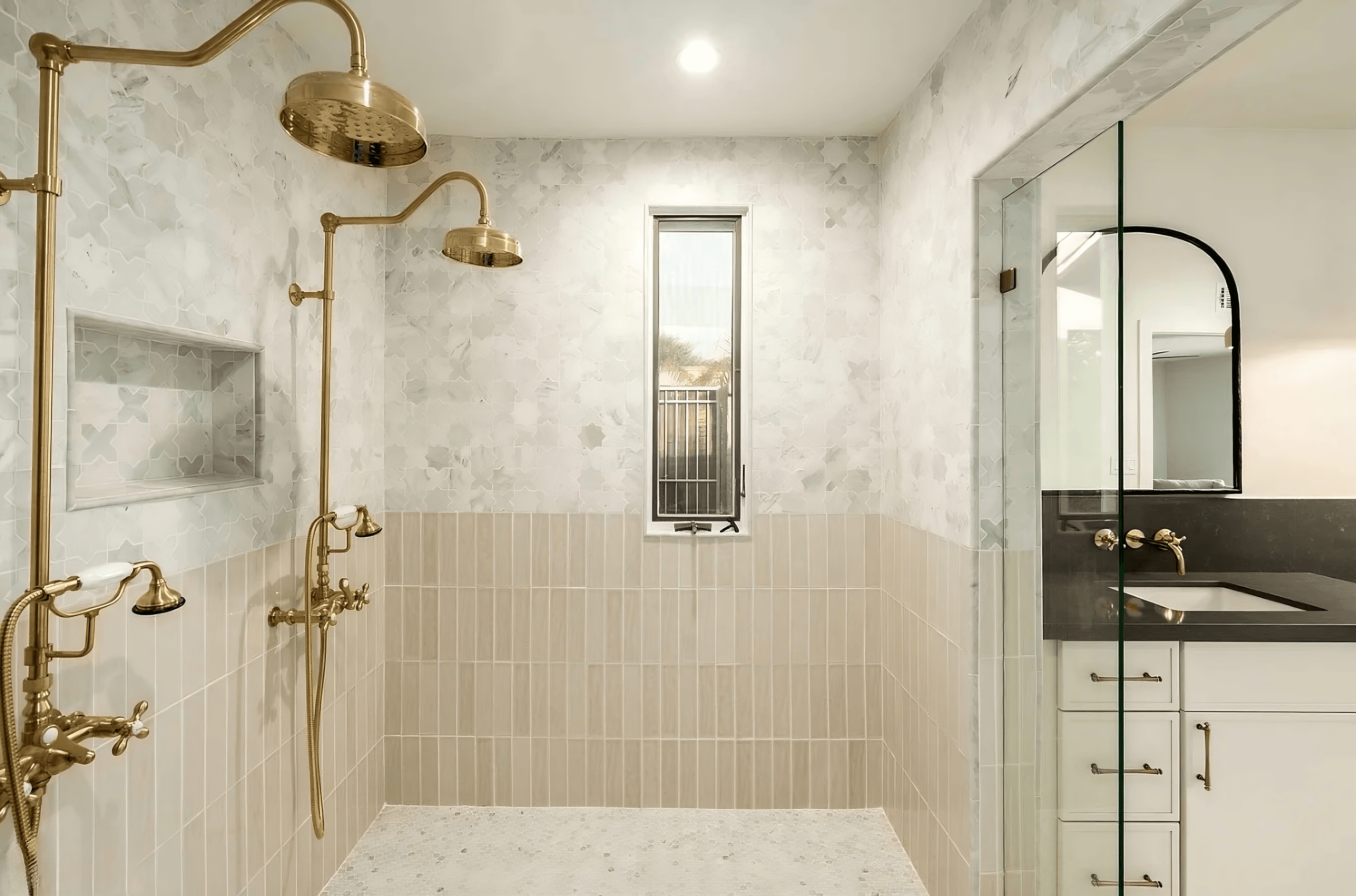 Paradise Valley luxury dual rain shower with marble tile